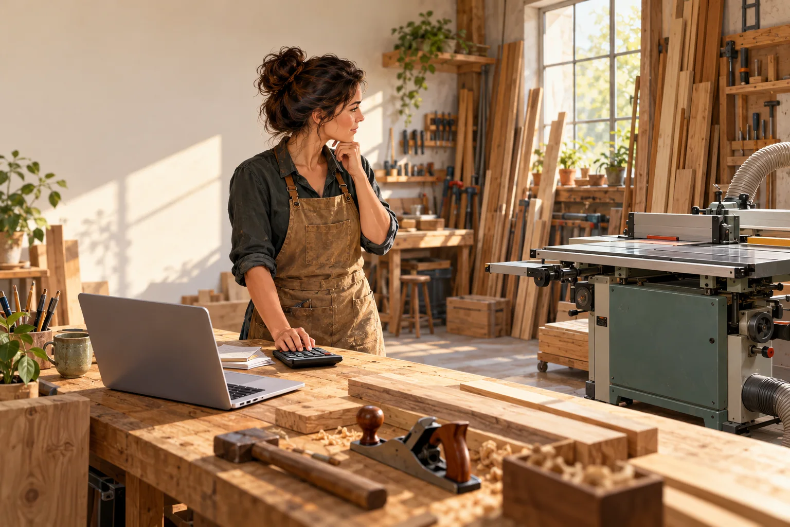 Artisane dans un atelier de menuiserie, une main sur une calculatrice près d’un ordinateur portable.