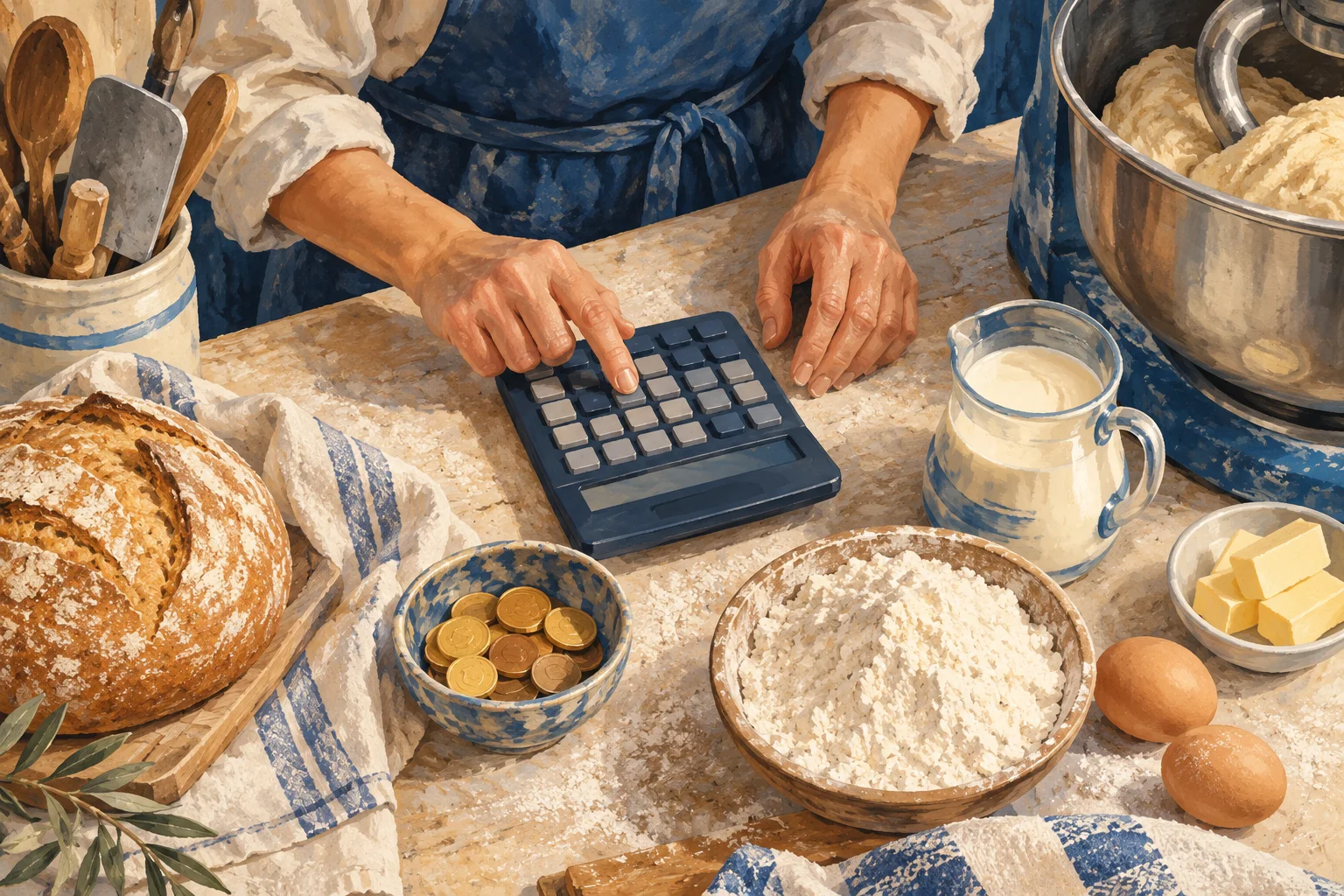 Illustration de mains utilisant une calculatrice parmi du pain, des ingrédients et un bol de pièces.